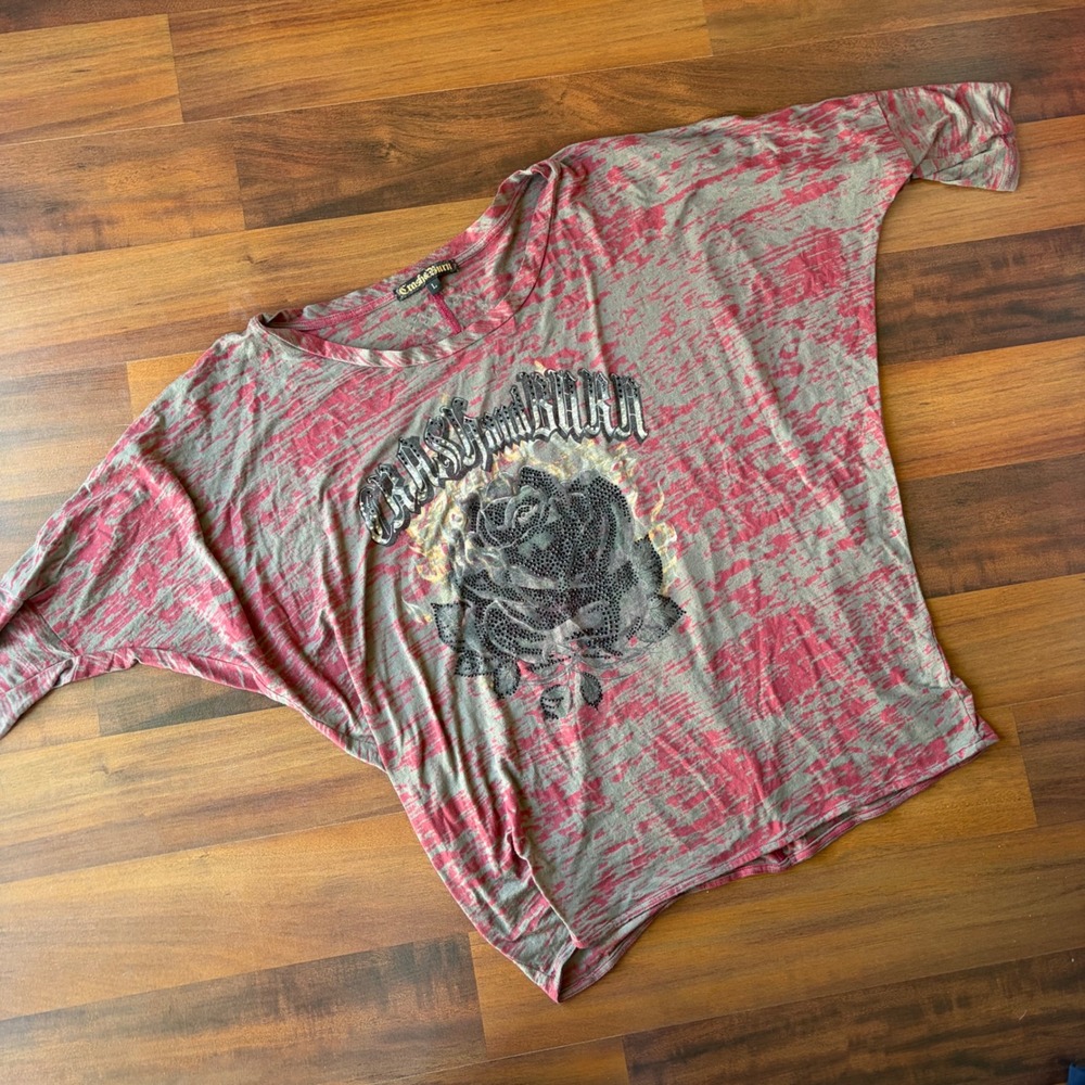 Y2K Grunge MySpace Tumbler Punk Emo Graphic Rose Rhinestone Burnout Top Grey Red